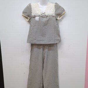 Zeba Short Sleeve Lace Top & Wide Leg Pajama Stripped Set Size S Black & Cream